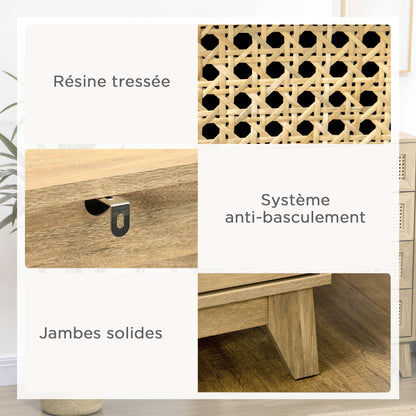 4-Drawer Chest Storage Cabinet with Rattan Cane 80 x 35 x 95 cm Light Wood Finish