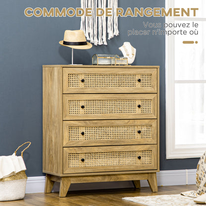 4-Drawer Chest Storage Cabinet with Rattan Cane 80 x 35 x 95 cm Light Wood Finish