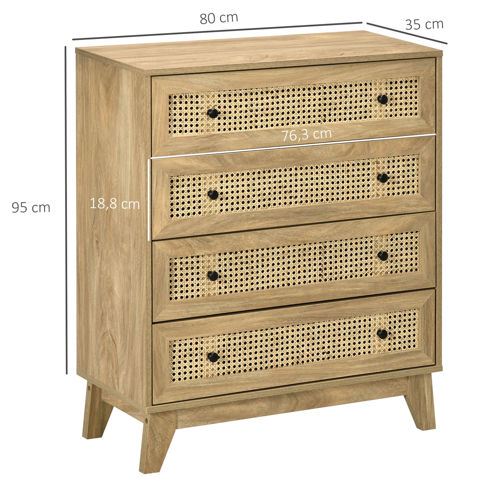 4-Drawer Chest Storage Cabinet with Rattan Cane 80 x 35 x 95 cm Light Wood Finish