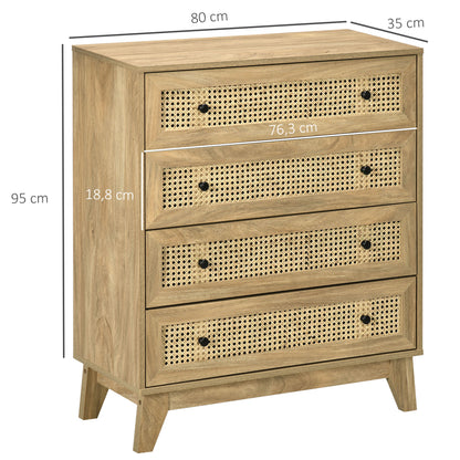 4-Drawer Chest Storage Cabinet with Rattan Cane 80 x 35 x 95 cm Light Wood Finish