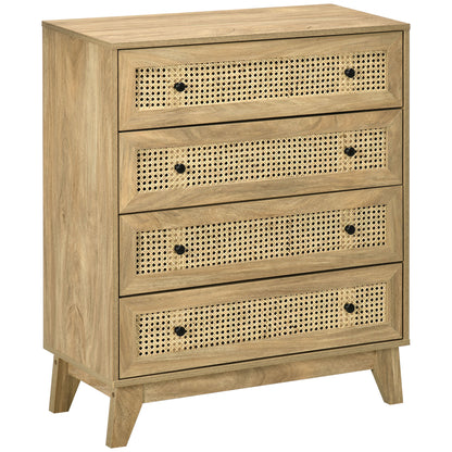 4-Drawer Chest Storage Cabinet with Rattan Cane 80 x 35 x 95 cm Light Wood Finish