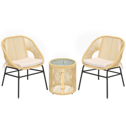3-Piece Rattan Bistro Set – 2 Cushioned Chairs & Tempered Glass Table, Ergonomic Balcony/Patio Furniture, Beige