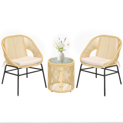 3-Piece Rattan Bistro Set – 2 Cushioned Chairs & Tempered Glass Table, Ergonomic Balcony/Patio Furniture, Beige