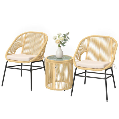 3-Piece Rattan Bistro Set – 2 Cushioned Chairs & Tempered Glass Table, Ergonomic Balcony/Patio Furniture, Beige