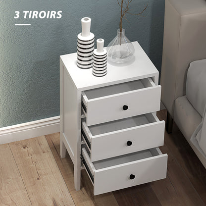 Set of 2 bedside tables, side tables, nightstand with 3 drawers for bedroom in white wood dim. 40L x 30W x 64H cm