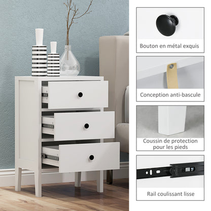Set of 2 bedside tables, side tables, nightstand with 3 drawers for bedroom in white wood dim. 40L x 30W x 64H cm