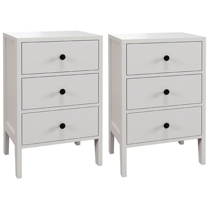 Set of 2 bedside tables, side tables, nightstand with 3 drawers for bedroom in white wood dim. 40L x 30W x 64H cm