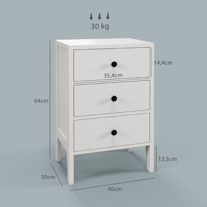 Set of 2 bedside tables, side tables, nightstand with 3 drawers for bedroom in white wood dim. 40L x 30W x 64H cm