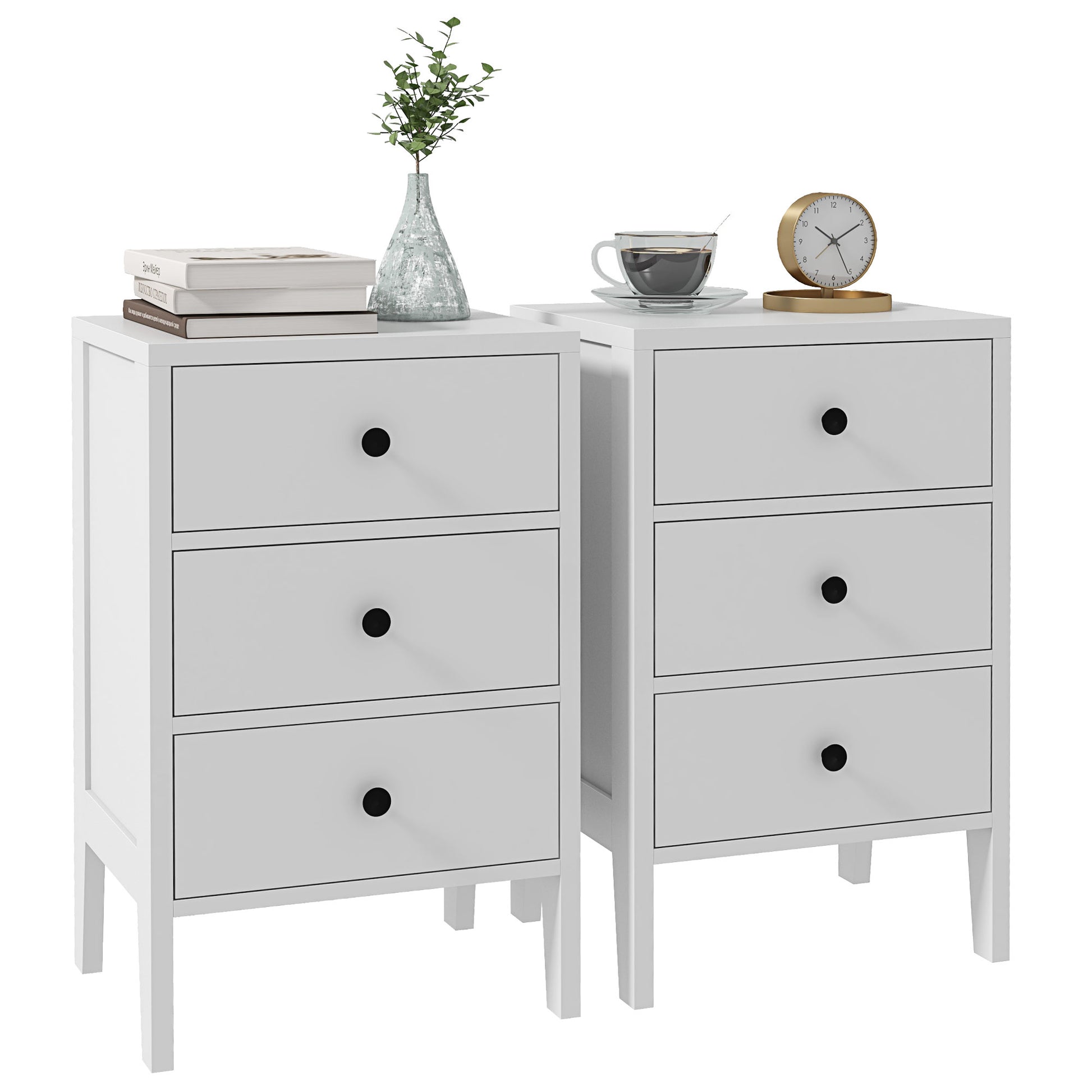 Set of 2 bedside tables, side tables, nightstand with 3 drawers for bedroom in white wood dim. 40L x 30W x 64H cm