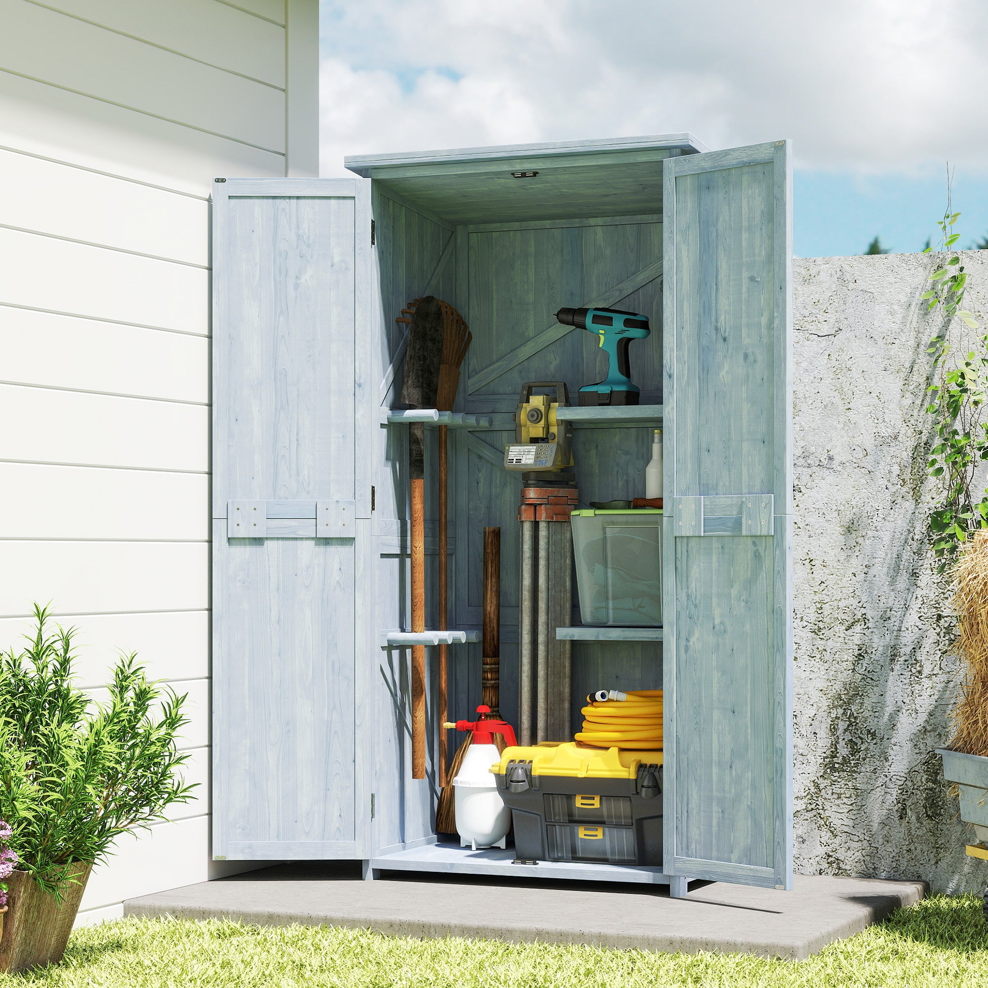 Pine Wood Outdoor Storage Cabinet with 2 Lockable Doors, 2 Shelves & 10 Hooks, Waterproof Asphalt Roof, for Balcony & Patio, 33.5 x 21.3 x 67 in, Gray
