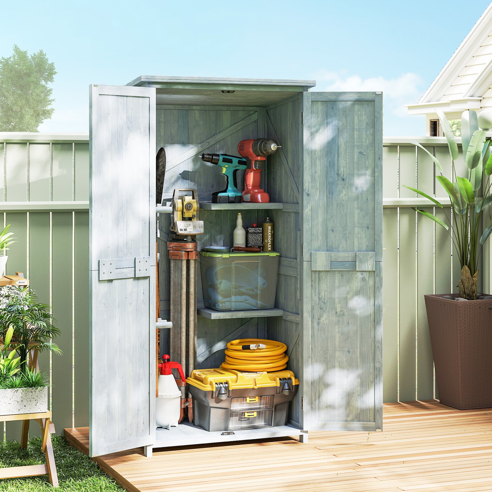 Pine Wood Outdoor Storage Cabinet with 2 Lockable Doors, 2 Shelves & 10 Hooks, Waterproof Asphalt Roof, for Balcony & Patio, 33.5 x 21.3 x 67 in, Gray