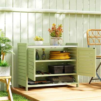 Pine Potting Bench with Cabinet and Galvanized Worktop, 3 Shelves, Double Doors — Weatherproof Garden Table for Patio, Balcony, Porch (Green) — 88 x 40 x 70.5 cm