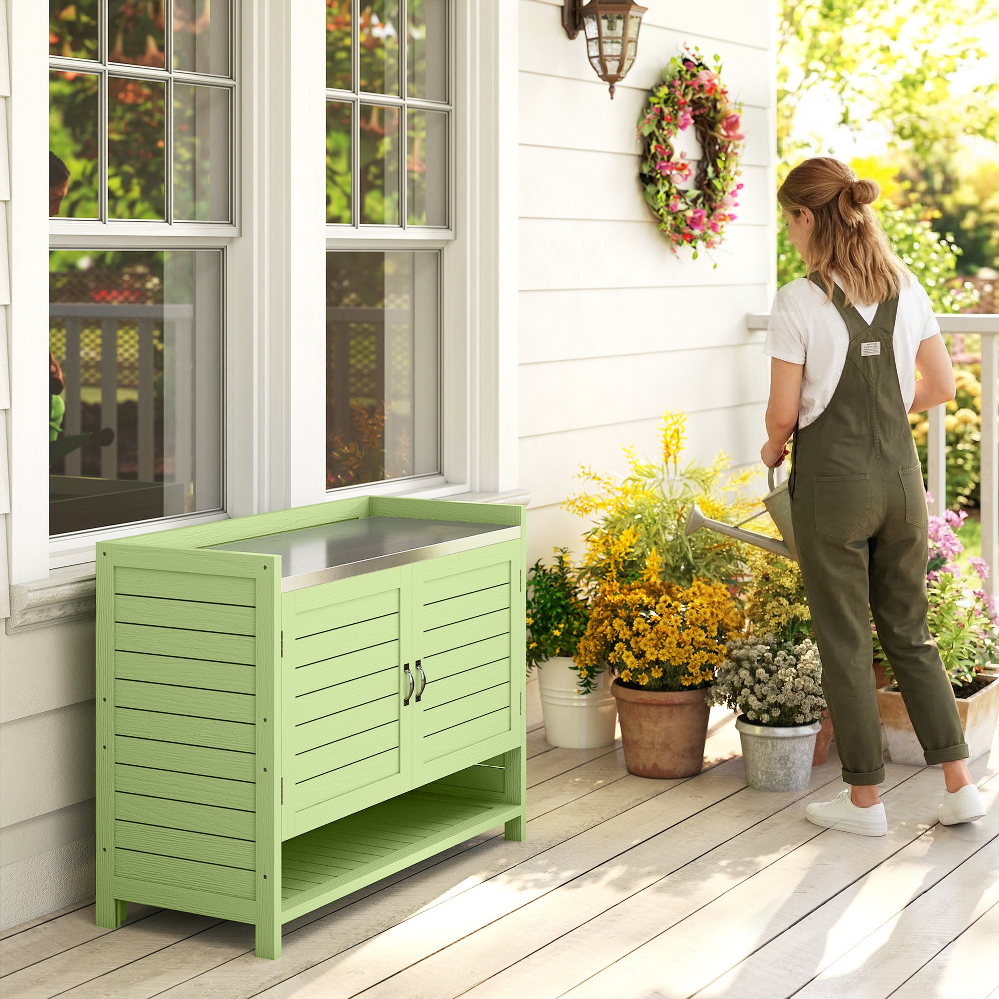 Pine Potting Bench with Cabinet and Galvanized Worktop, 3 Shelves, Double Doors — Weatherproof Garden Table for Patio, Balcony, Porch (Green) — 88 x 40 x 70.5 cm