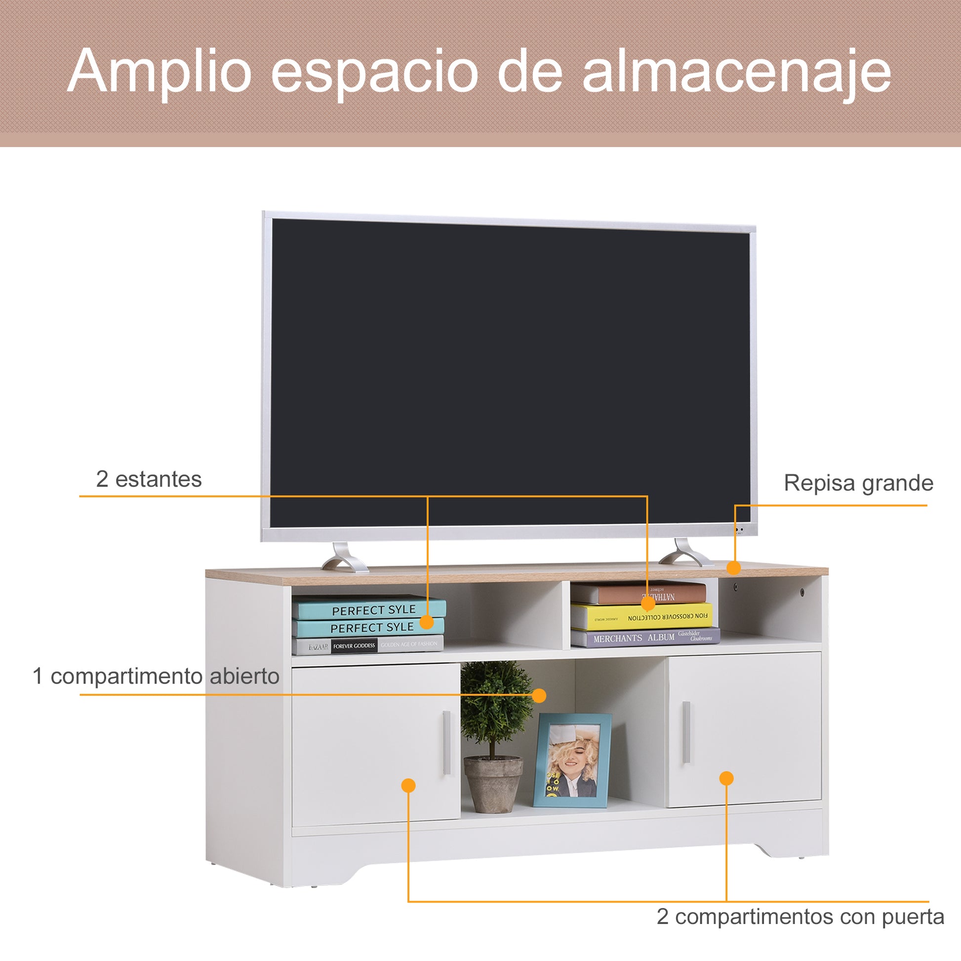 TV Cabinet TV Stand for Living Room with Large Storage Space Open Shelves Cable Management Classic Design 105x40x52 cm White