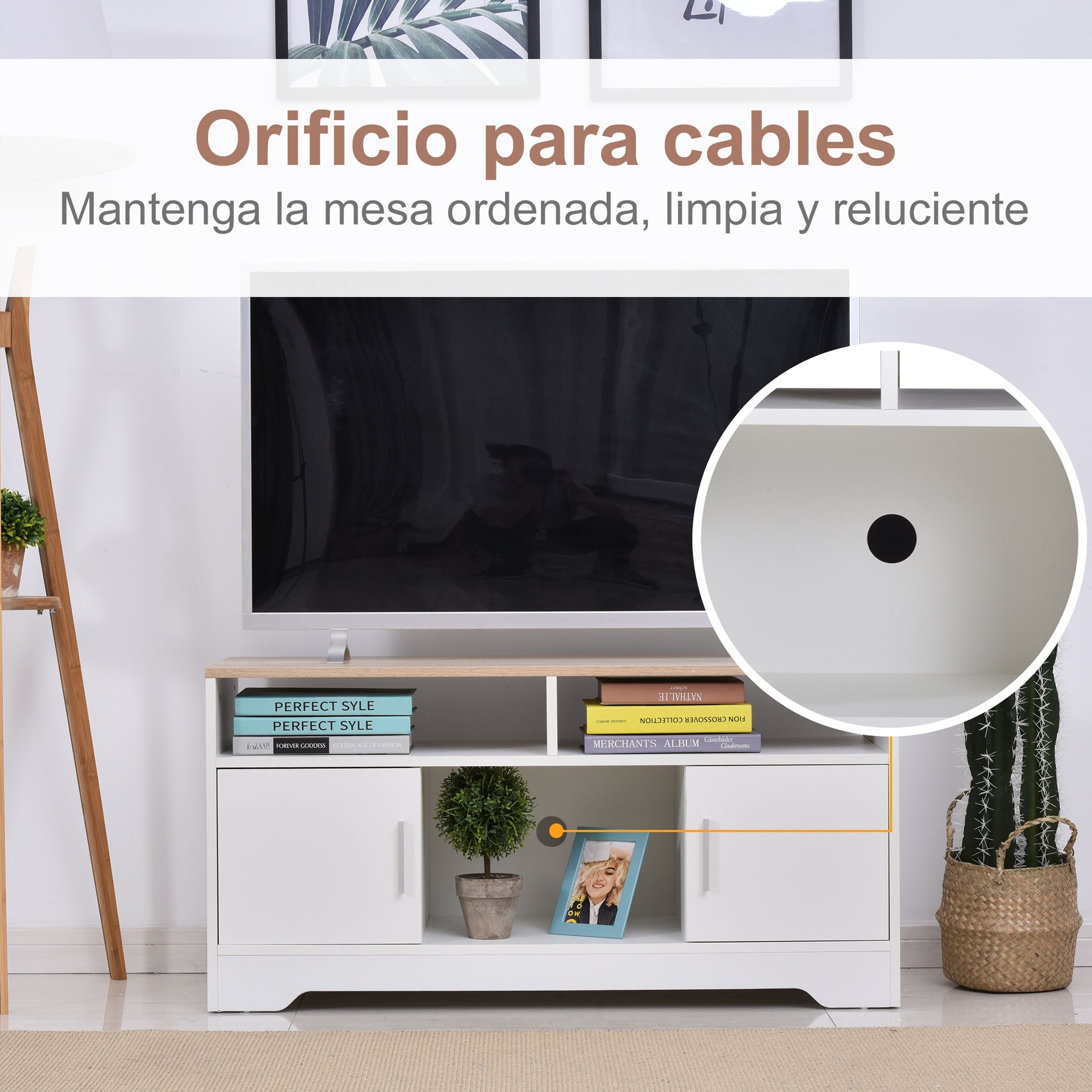 TV Cabinet TV Stand for Living Room with Large Storage Space Open Shelves Cable Management Classic Design 105x40x52 cm White