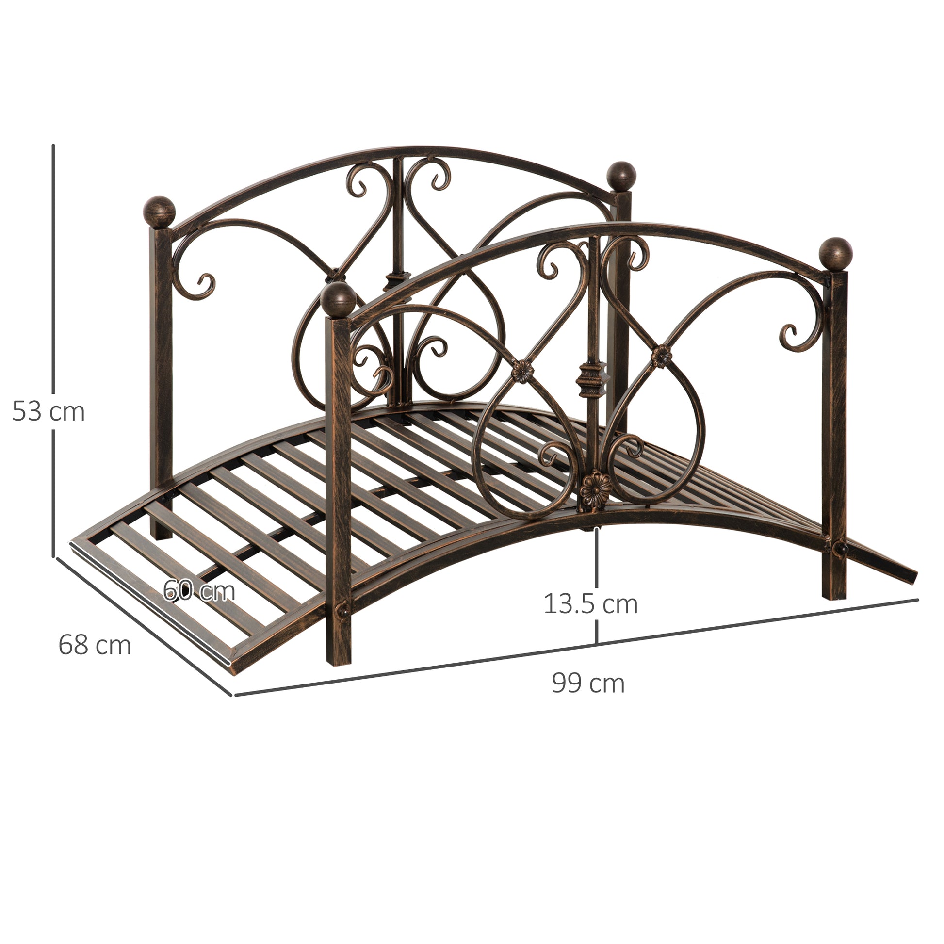 Vintage Metal Garden Bridge, Decorative Bridge with Floral Elements, 99x68x53cm, Bronze
