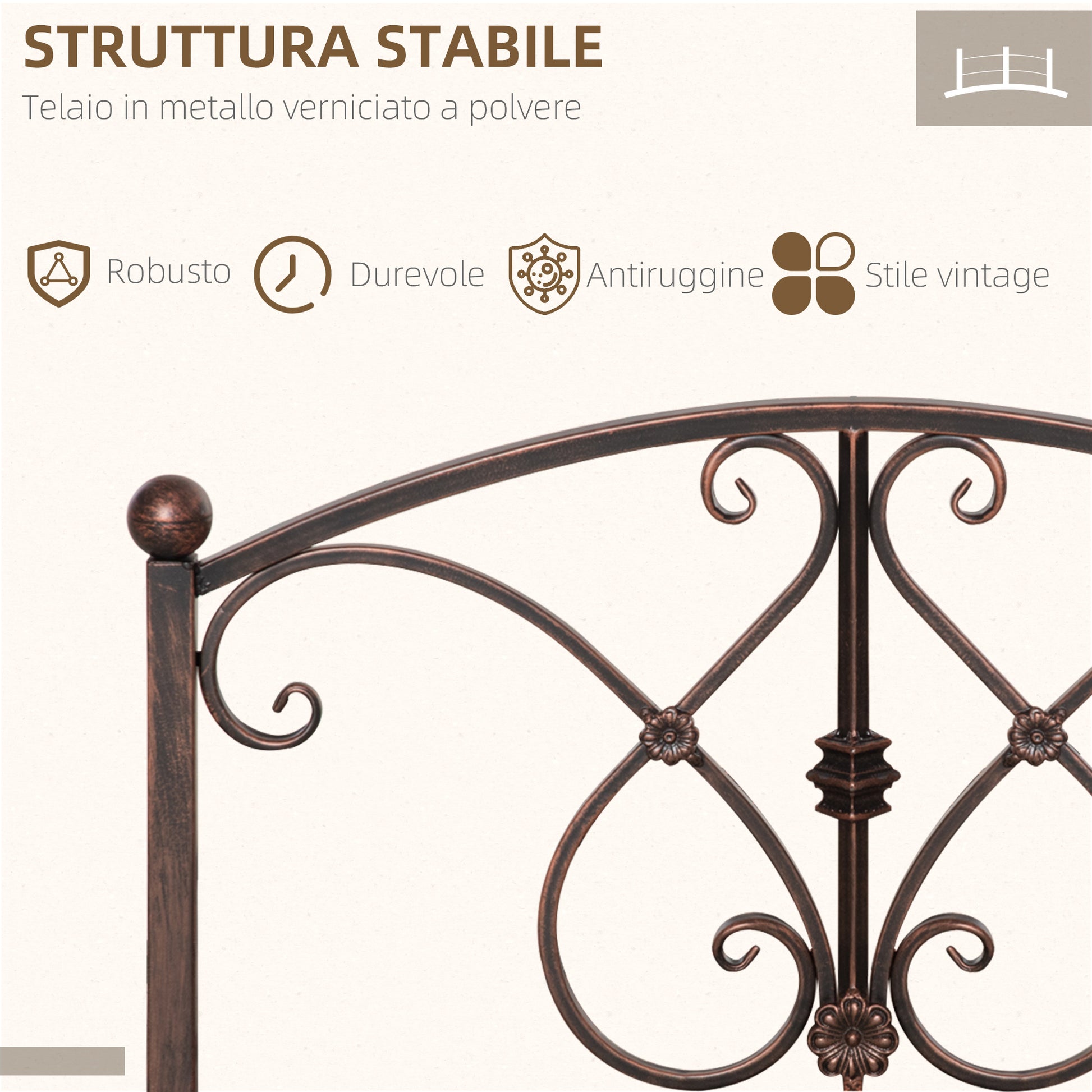Vintage Metal Garden Bridge, Decorative Bridge with Floral Elements, 99x68x53cm, Bronze
