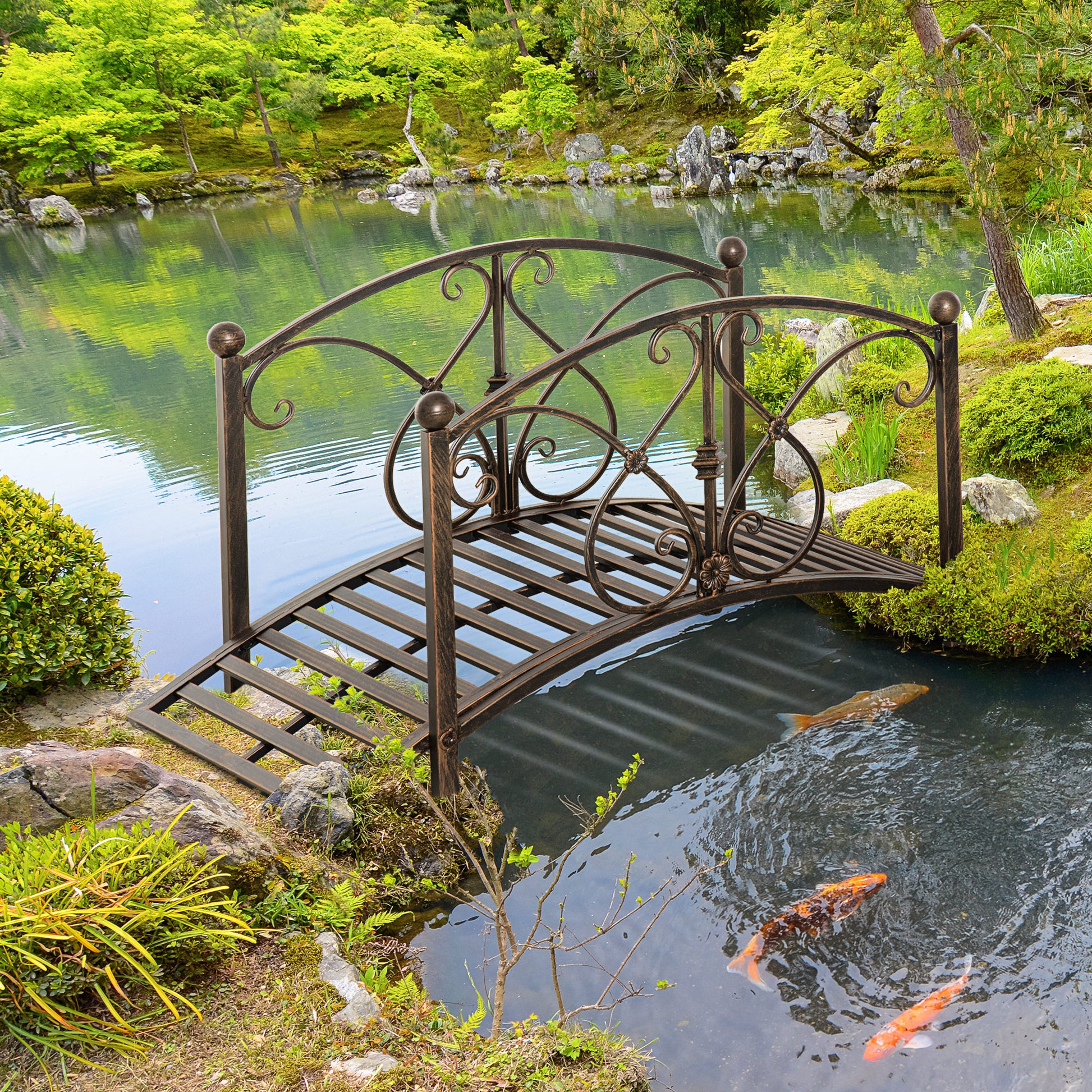Vintage Metal Garden Bridge, Decorative Bridge with Floral Elements, 99x68x53cm, Bronze