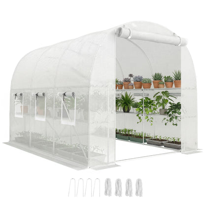 PE Tunnel Greenhouse with Shelves, Roll-Up Zip Door, 6 Mesh Windows, Support Bars, UV-Resistant Cover, Winter-Ready Tomato House, White (198 x 275 x 191 cm)