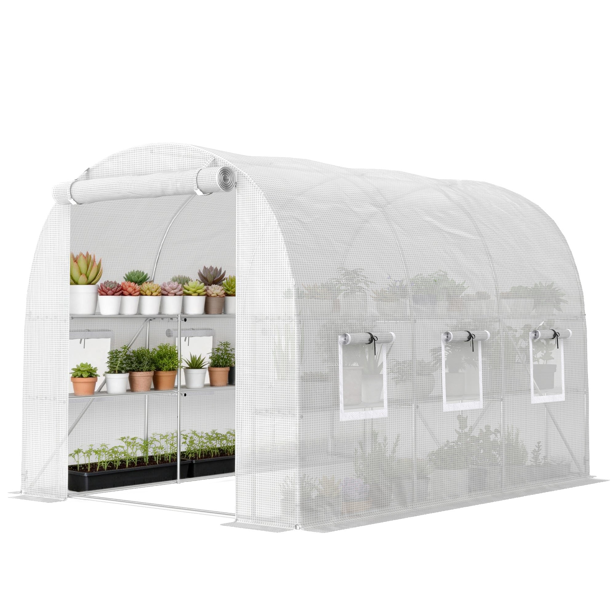 PE Tunnel Greenhouse with Shelves, Roll-Up Zip Door, 6 Mesh Windows, Support Bars, UV-Resistant Cover, Winter-Ready Tomato House, White (198 x 275 x 191 cm)