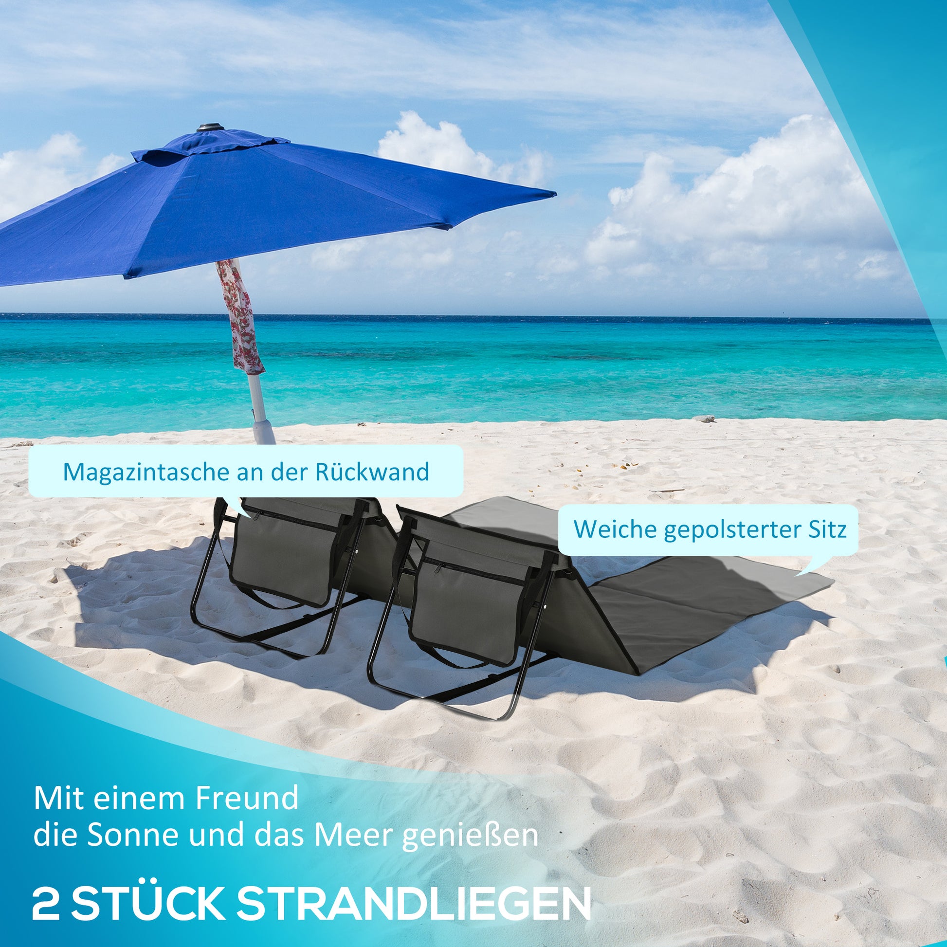 2-Piece  Beach Mat Set, Foldable Sun Lounger with Carrying Bag, Adjustable Backrest, Sunbed Up to 110 kg, for Garden Vacation Outdoor Beach Pool, Gray