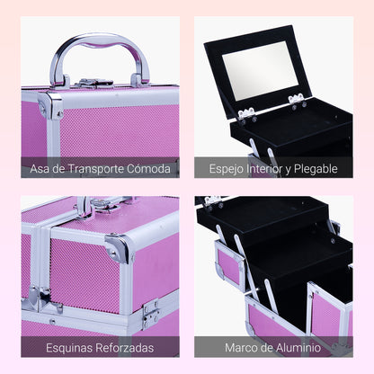 Professional Makeup Case Portable Cosmetic Storage Box with 3-Tier Trays and Mirror 2 Keys for Jewelry Manicure Travel 20x15x15 cm Pink