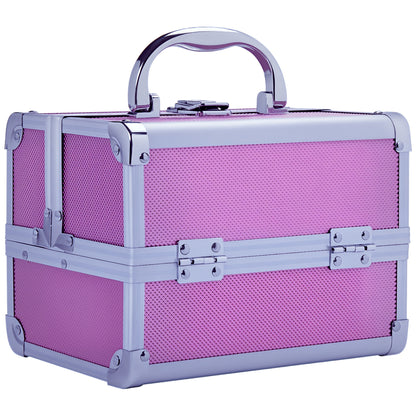 Professional Makeup Case Portable Cosmetic Storage Box with 3-Tier Trays and Mirror 2 Keys for Jewelry Manicure Travel 20x15x15 cm Pink