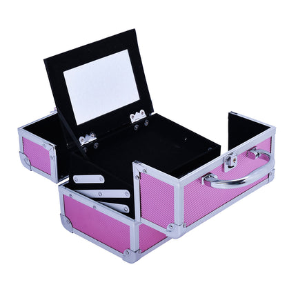 Professional Makeup Case Portable Cosmetic Storage Box with 3-Tier Trays and Mirror 2 Keys for Jewelry Manicure Travel 20x15x15 cm Pink