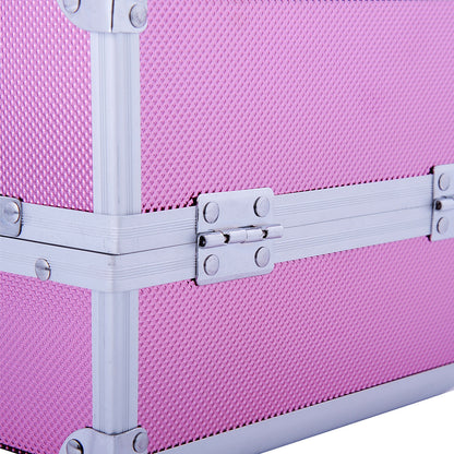 Professional Makeup Case Portable Cosmetic Storage Box with 3-Tier Trays and Mirror 2 Keys for Jewelry Manicure Travel 20x15x15 cm Pink