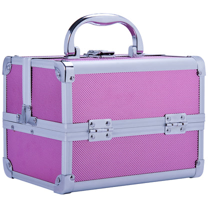 Professional Makeup Case Portable Cosmetic Storage Box with 3-Tier Trays and Mirror 2 Keys for Jewelry Manicure Travel 20x15x15 cm Pink