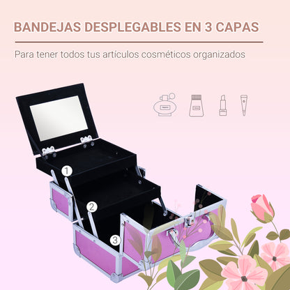 Professional Makeup Case Portable Cosmetic Storage Box with 3-Tier Trays and Mirror 2 Keys for Jewelry Manicure Travel 20x15x15 cm Pink