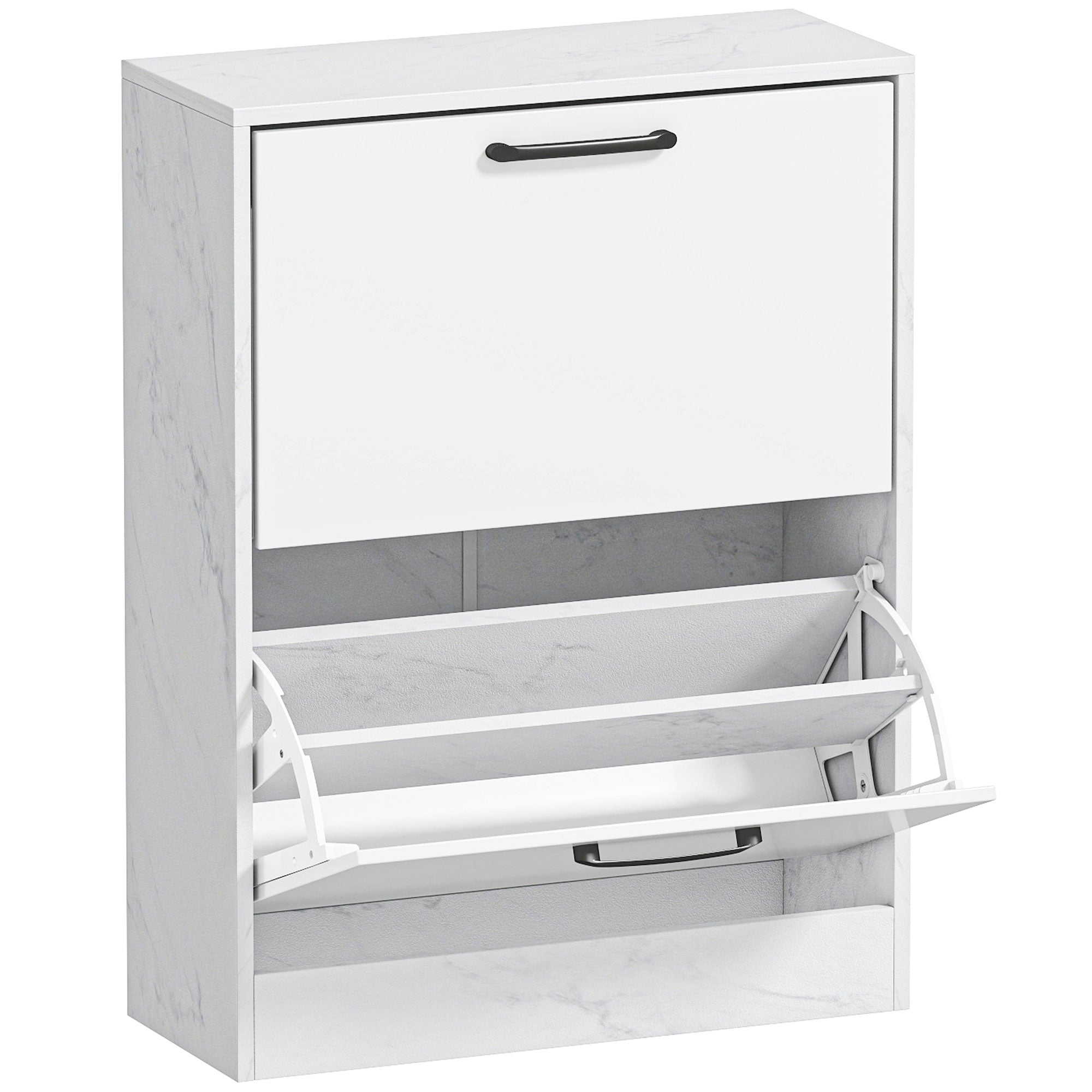 Slim Shoe Cabinet with 2 High-Gloss Flip Doors, Adjustable Shelves, Marble Design, Fits up to 8 Pairs — White (23.6 x 9.4 x 31.5 in)