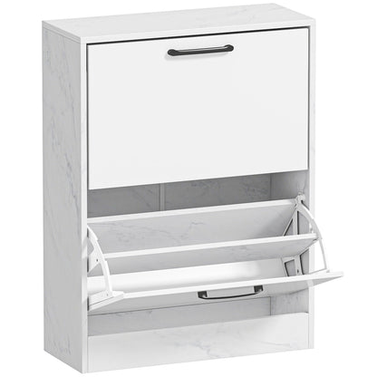 Slim Shoe Cabinet with 2 High-Gloss Flip Doors, Adjustable Shelves, Marble Design, Fits up to 8 Pairs — White (23.6 x 9.4 x 31.5 in)
