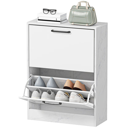 Slim Shoe Cabinet with 2 High-Gloss Flip Doors, Adjustable Shelves, Marble Design, Fits up to 8 Pairs — White (23.6 x 9.4 x 31.5 in)