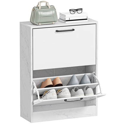 Slim Shoe Cabinet with 2 High-Gloss Flip Doors, Adjustable Shelves, Marble Design, Fits up to 8 Pairs — White (23.6 x 9.4 x 31.5 in)