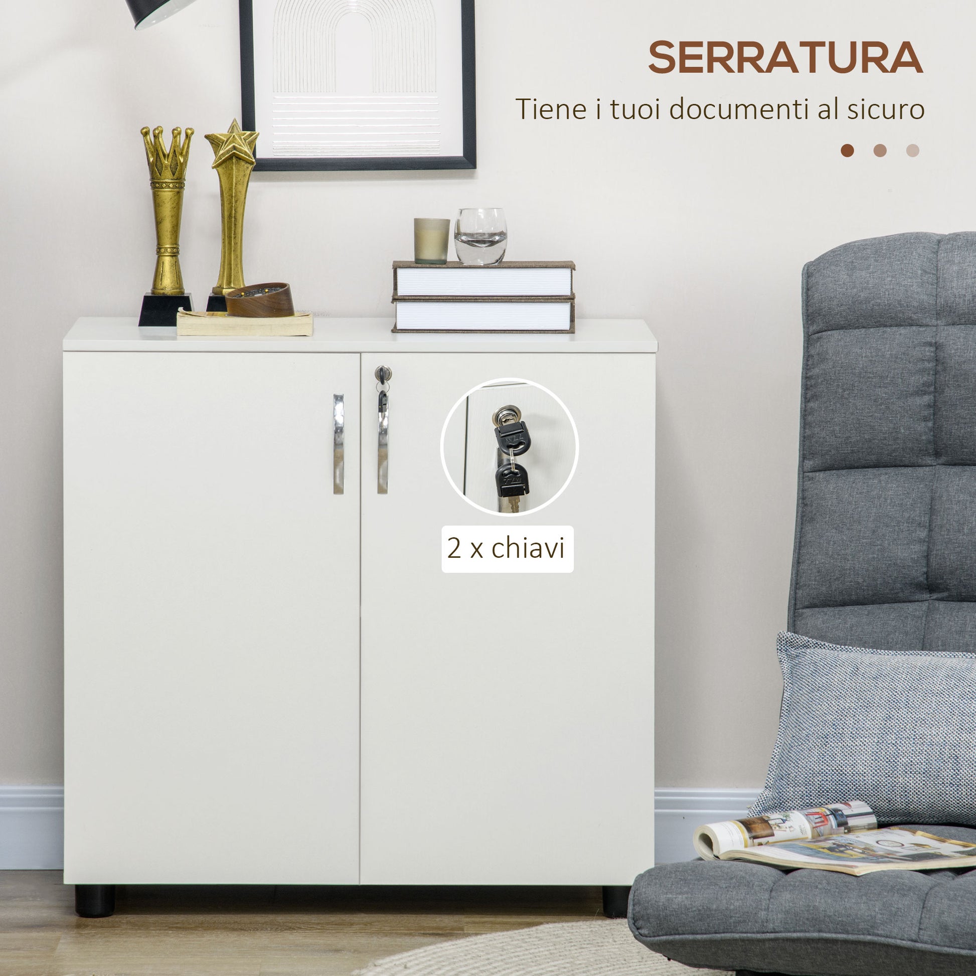 Multipurpose Office Cabinet with Lock, 2-Door Document Cabinet with Internal Shelf in Wood, White, 80x40x80cm