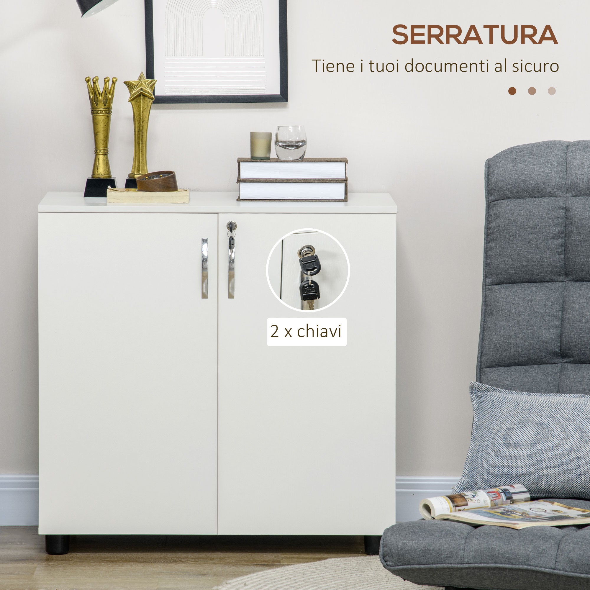 Multipurpose Office Cabinet with Lock, 2-Door Document Cabinet with Internal Shelf in Wood, White, 80x40x80cm