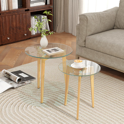 Living Room Nesting Side Tables Set of 2 with Tempered Glass Top and Steel Frame Small Center Tables for Bedroom Clear