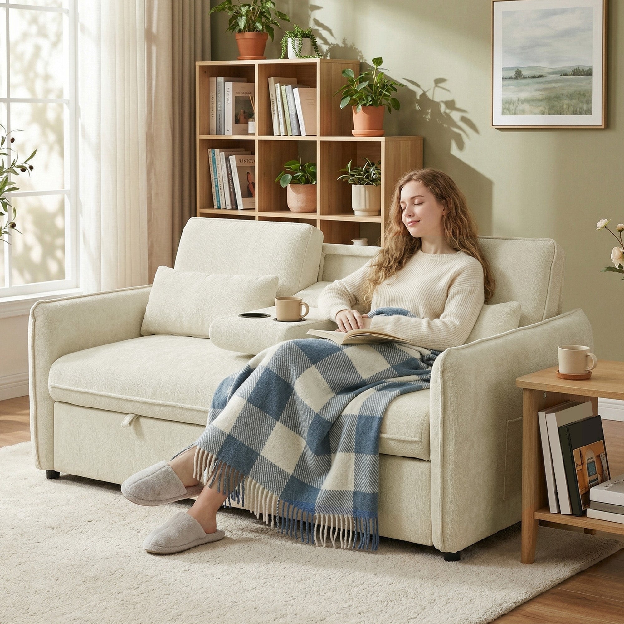2-Seater 3‑in‑1 Convertible Chenille Sofa Bed with Adjustable Backrest, Cup Holders & Side Pockets — Beige