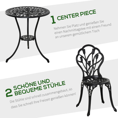 3-Piece Bistro Set made of Aluminum Garden Furniture Set with Carved Design Seating Group with Garden Chairs Bistro Table Umbrella Hole Outdoor Balcony Furniture Set Balcony Set Garden Furniture Black