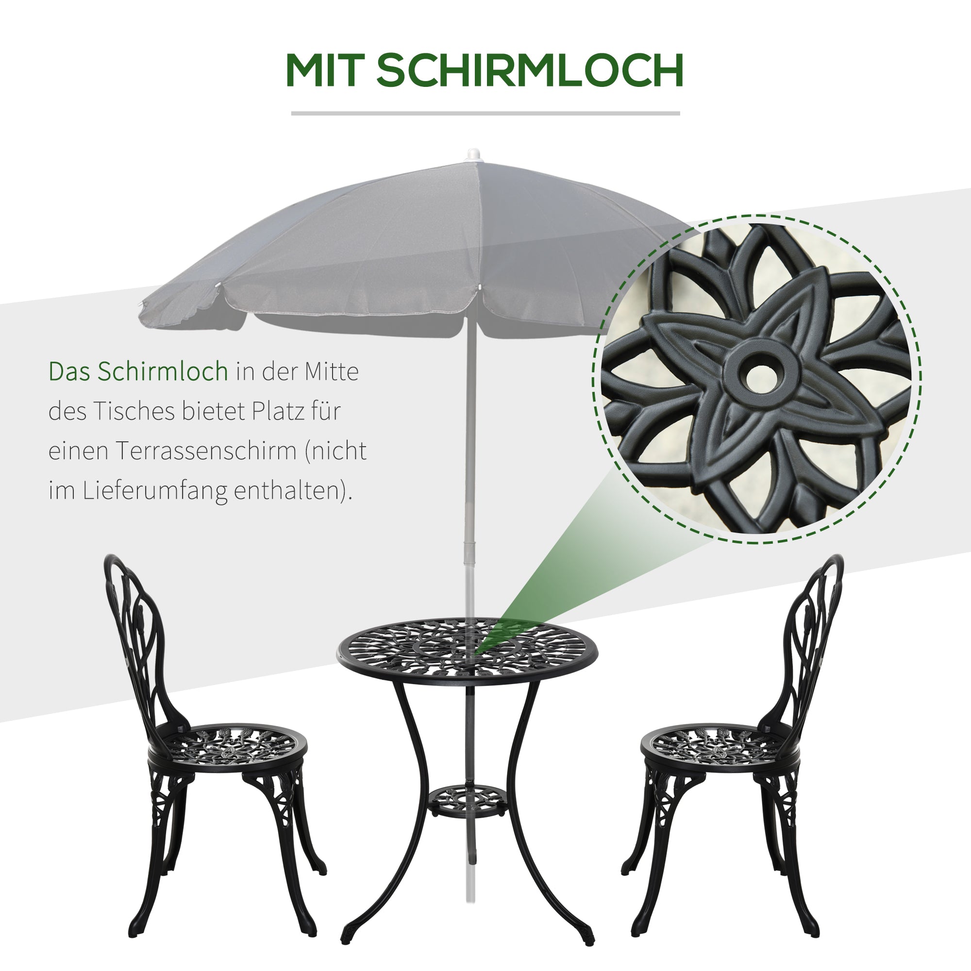 3-Piece Bistro Set made of Aluminum Garden Furniture Set with Carved Design Seating Group with Garden Chairs Bistro Table Umbrella Hole Outdoor Balcony Furniture Set Balcony Set Garden Furniture Black