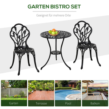 3-Piece Bistro Set made of Aluminum Garden Furniture Set with Carved Design Seating Group with Garden Chairs Bistro Table Umbrella Hole Outdoor Balcony Furniture Set Balcony Set Garden Furniture Black