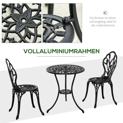 3-Piece Bistro Set made of Aluminum Garden Furniture Set with Carved Design Seating Group with Garden Chairs Bistro Table Umbrella Hole Outdoor Balcony Furniture Set Balcony Set Garden Furniture Black