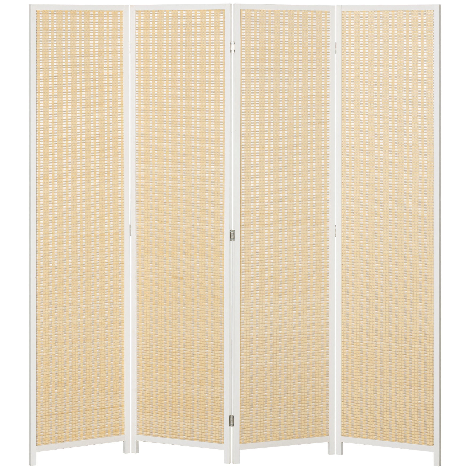 4-Panel Folding Room Divider 180x180 cm Handwoven Bamboo and Cotton Thread Elegant Decoration for Living Room White