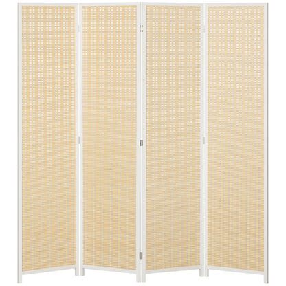 4-Panel Folding Room Divider 180x180 cm Handwoven Bamboo and Cotton Thread Elegant Decoration for Living Room White