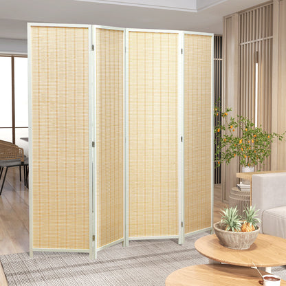 4-Panel Folding Room Divider 180x180 cm Handwoven Bamboo and Cotton Thread Elegant Decoration for Living Room White