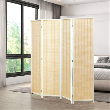 4-Panel Folding Room Divider 180x180 cm Handwoven Bamboo and Cotton Thread Elegant Decoration for Living Room White