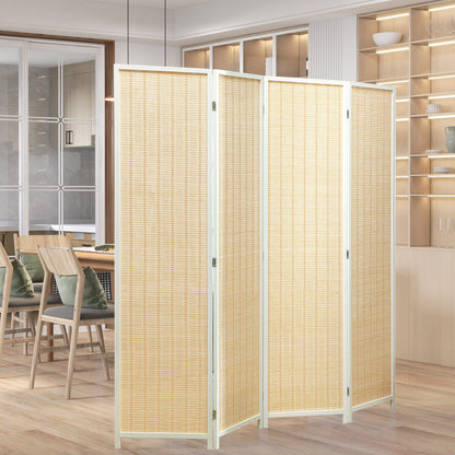 4-Panel Folding Room Divider 180x180 cm Handwoven Bamboo and Cotton Thread Elegant Decoration for Living Room White