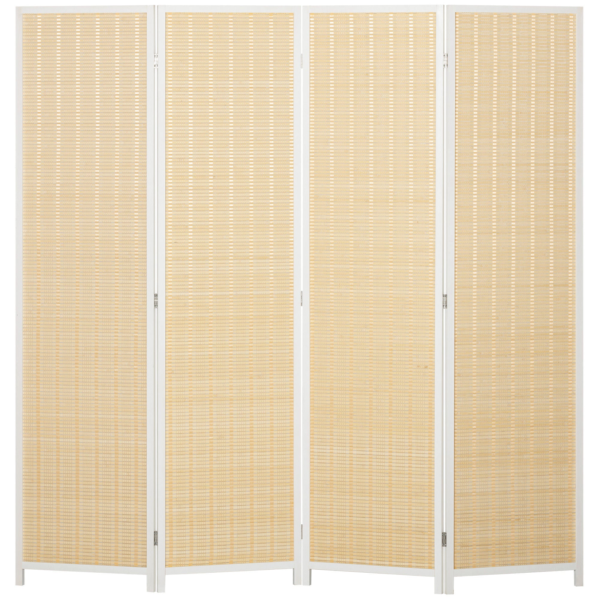 4-Panel Folding Room Divider 180x180 cm Handwoven Bamboo and Cotton Thread Elegant Decoration for Living Room White