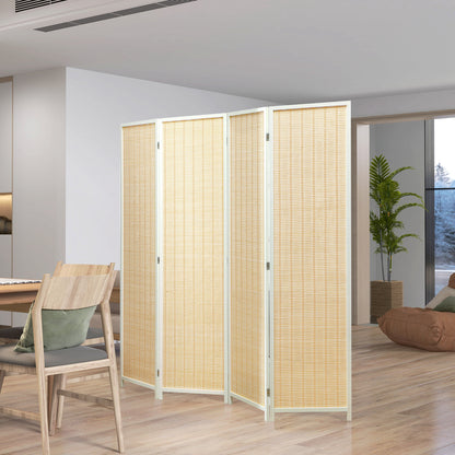 4-Panel Folding Room Divider 180x180 cm Handwoven Bamboo and Cotton Thread Elegant Decoration for Living Room White